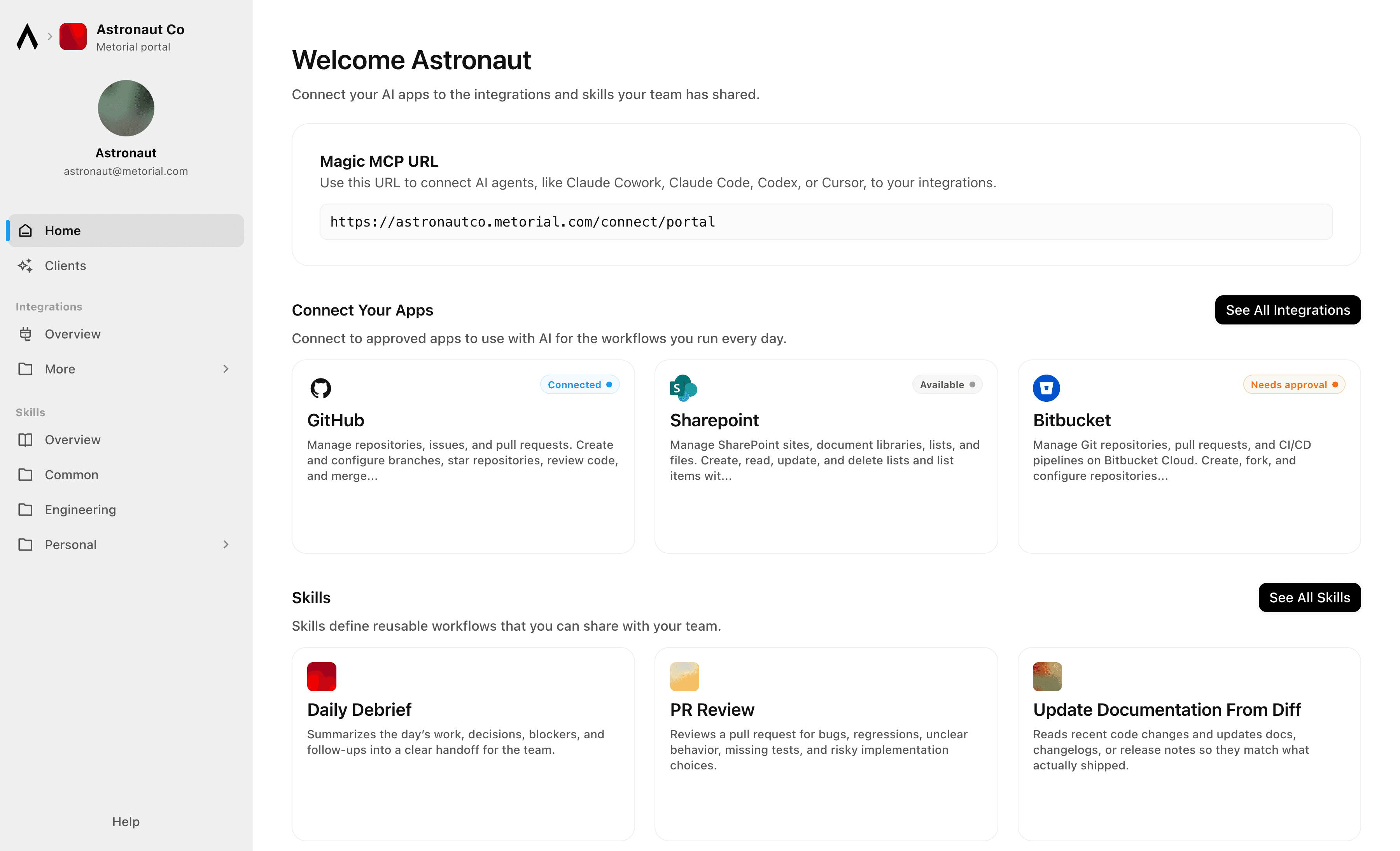 Metorial Portals showing the integrations and skills an employee can connect their agent to.